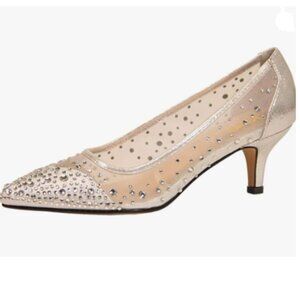 XYD Champagne Pointed Toe Slip On Mesh Pumps Rhinestone Studs Kitten Heels Shoes